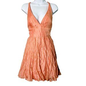 Y2K Vintage Style Silk Metallic Pink Coral Crinkle Halter Babydoll Mini Dress sz